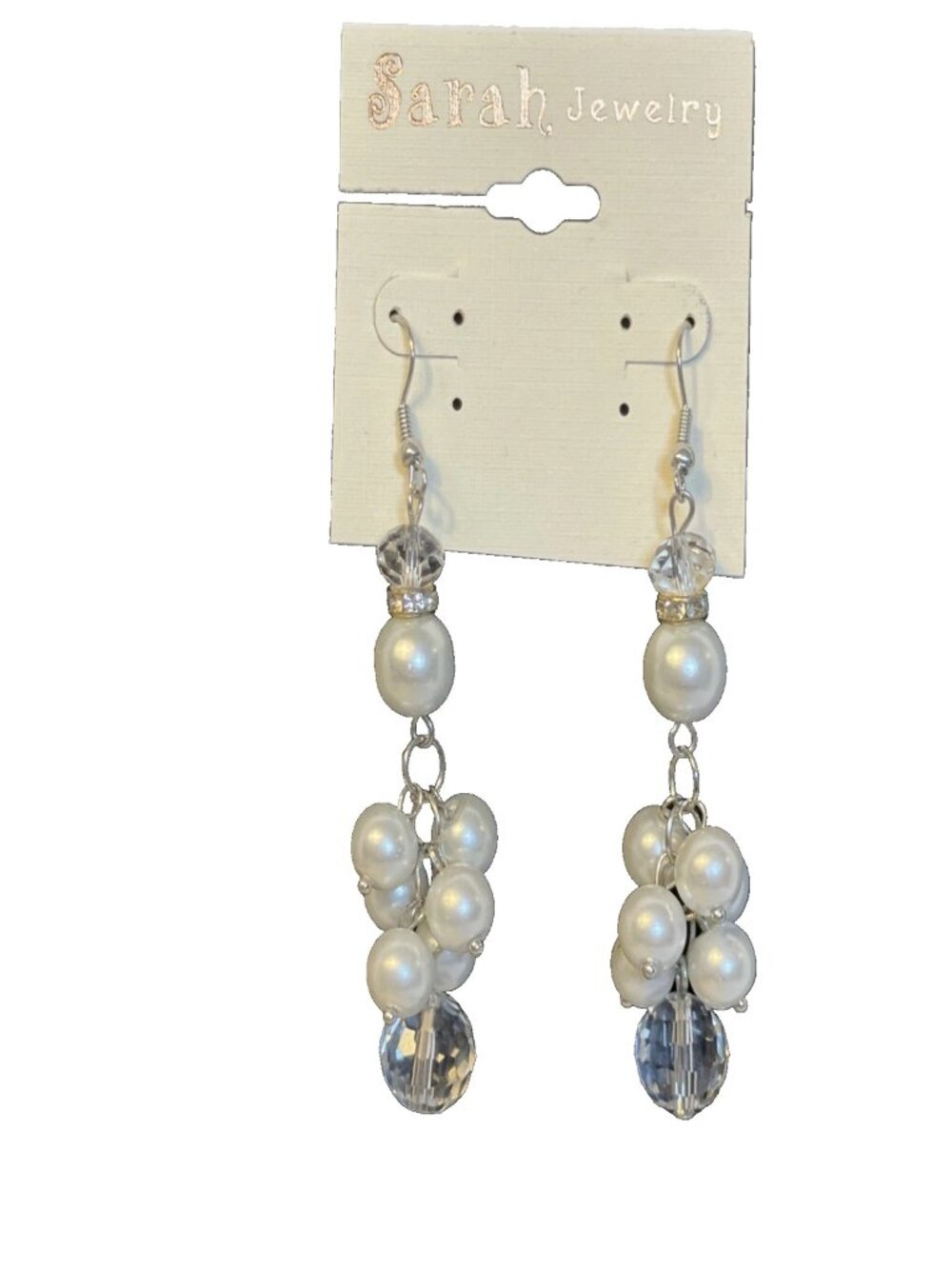 Sarah Jewelry Faux Pearl Crystal Cluster Drop Earrings Silver Tone Dangle 3 inch